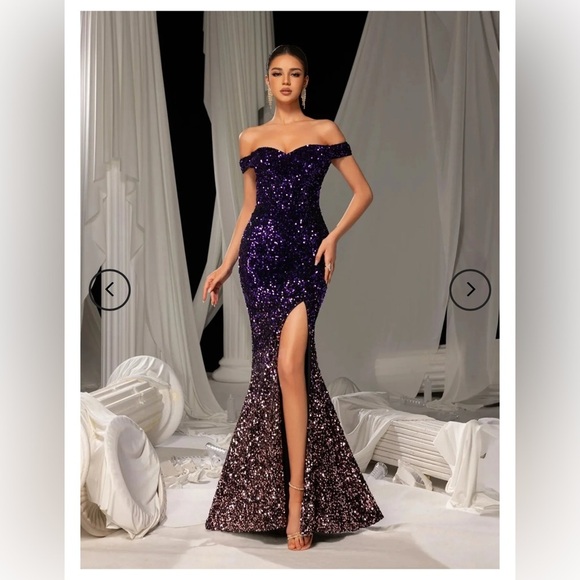 Faeriesty Elegant Off Shoulder Split Mermaid Hem Ombre Sequin Evening Dress sz S - Picture 6 of 11